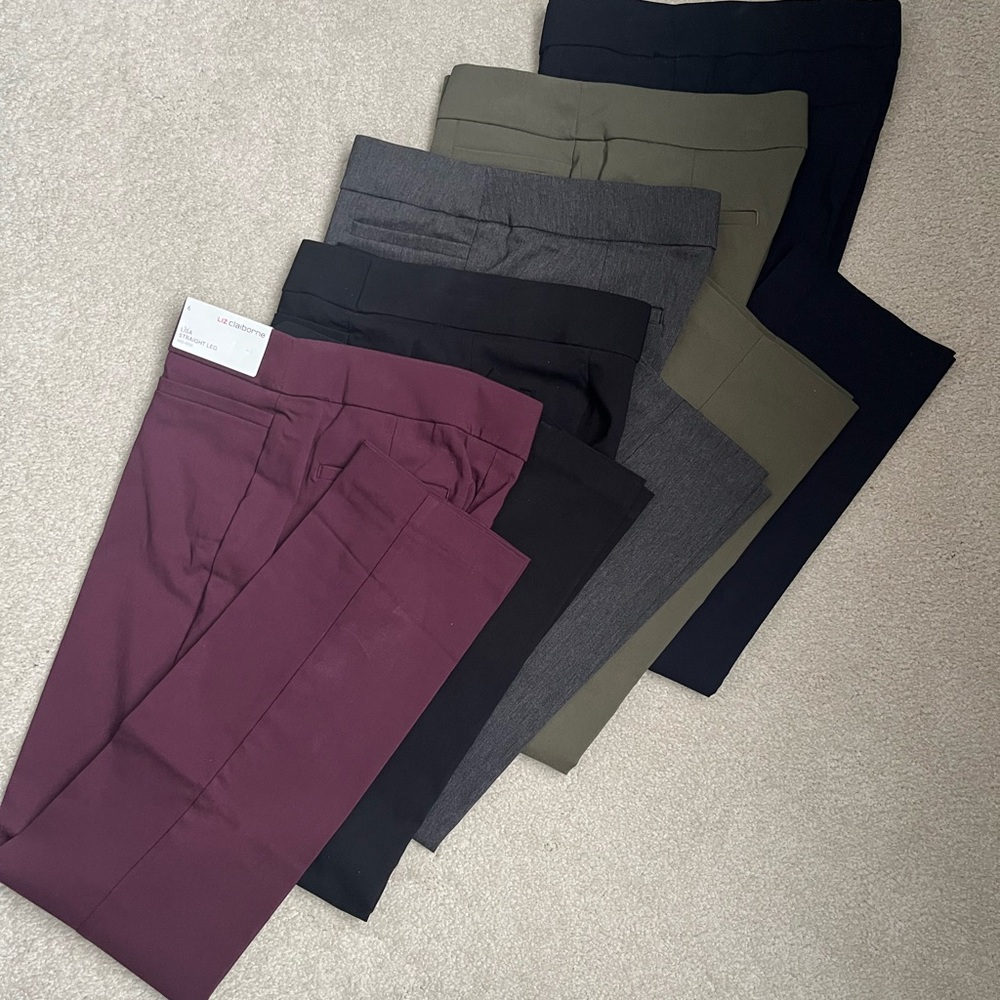 Lot of 5: Liz Claiborne Straight Leg Pants.
Burgundy, Black, Gray, Olive, Navy